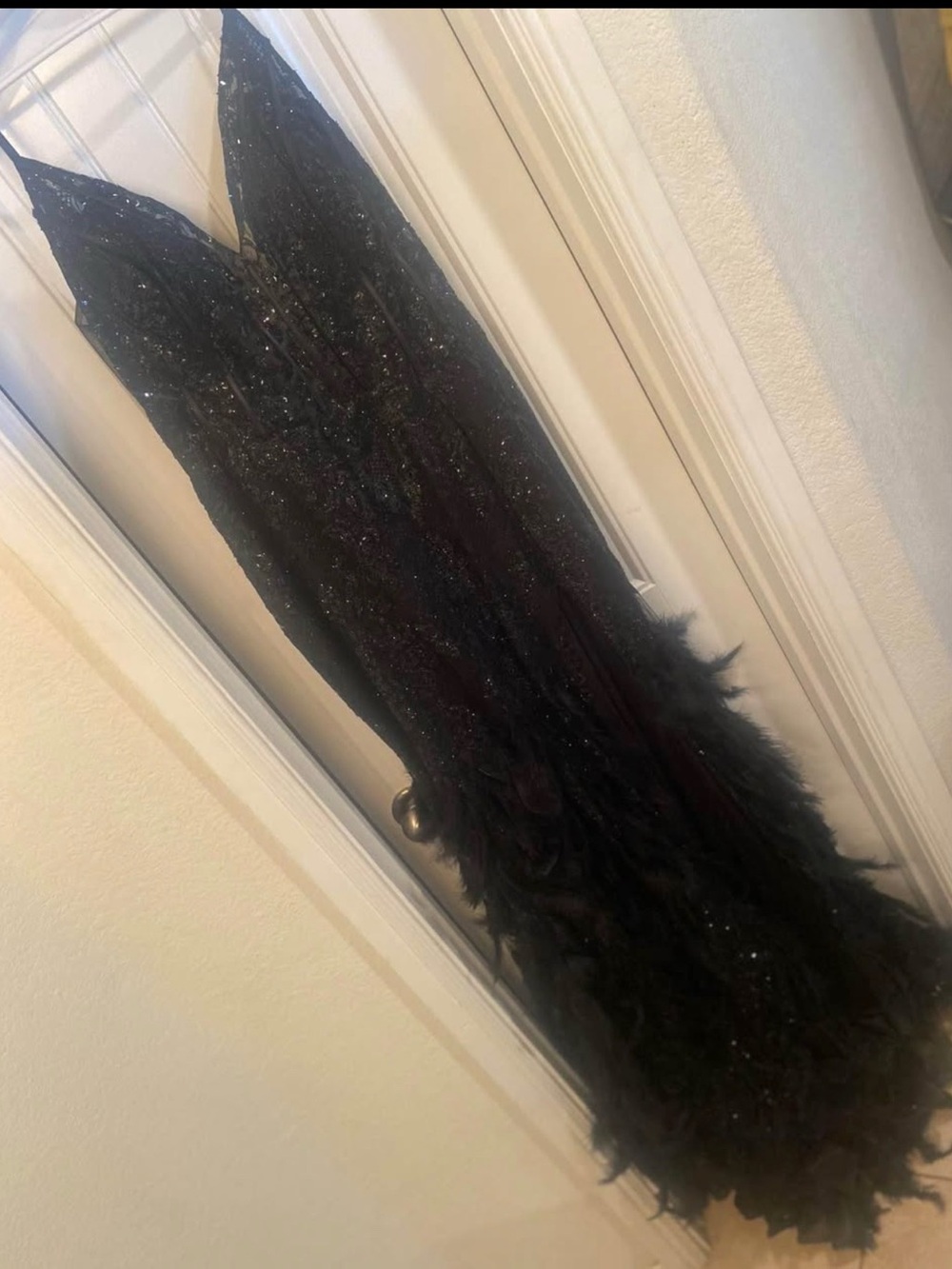Elegant Black Sequin & Feather V-Neck Evening Dress